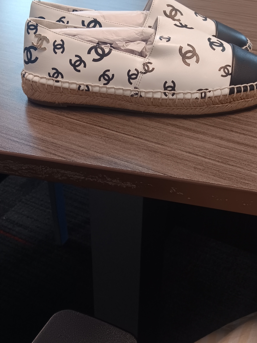 CHANEL White Espadrilles with Black CC Logo and Black Cap Toe